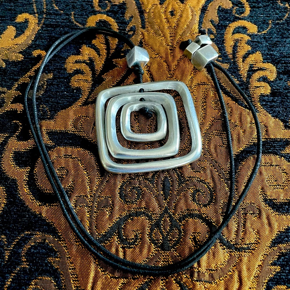 (SOLD locally) MOD brush METAL SQUARES GEOMETRIC Silver tone BLACK CORD necklace